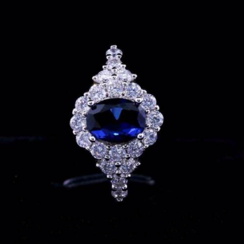 925 STAMPED OVAL CUT BLUE SAPPHIRE SILVER RING - Picture 3 of 5